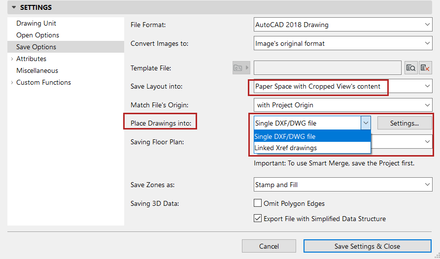 Save Options DXF DWG Translation Setup