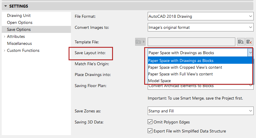 Save Options DXF DWG Translation Setup