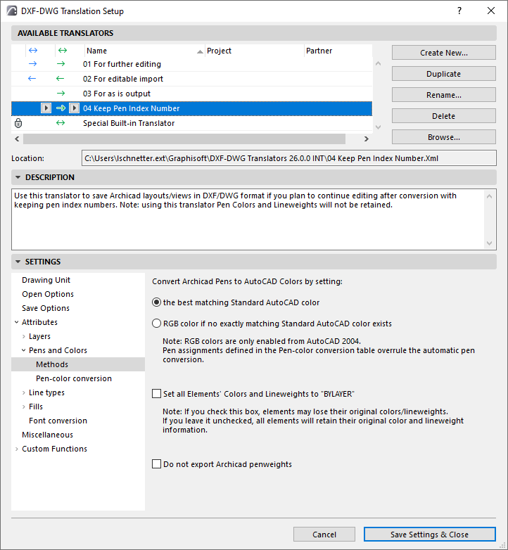 Pens Colors DXF DWG Translation Setup