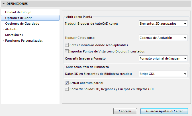 Opciones De Abrir Definir Traduccion Dxf Dwg