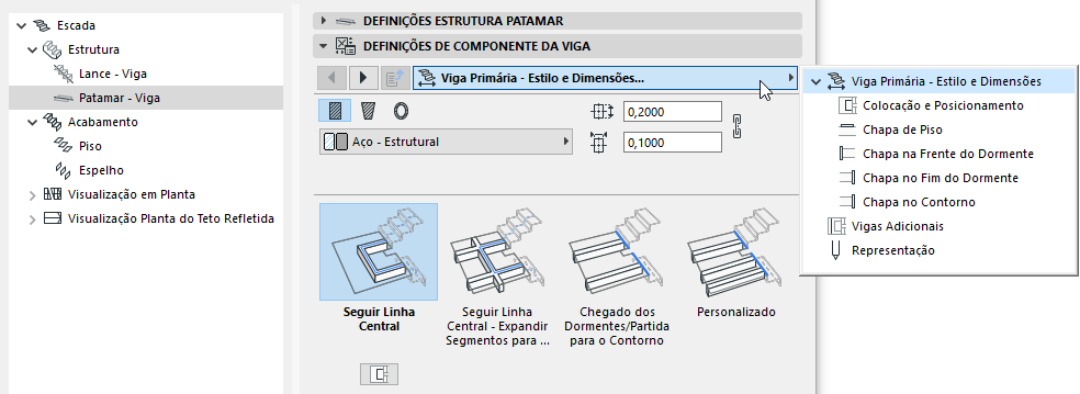 Ajuda, Propriedades de tipo de componente do lance da escada