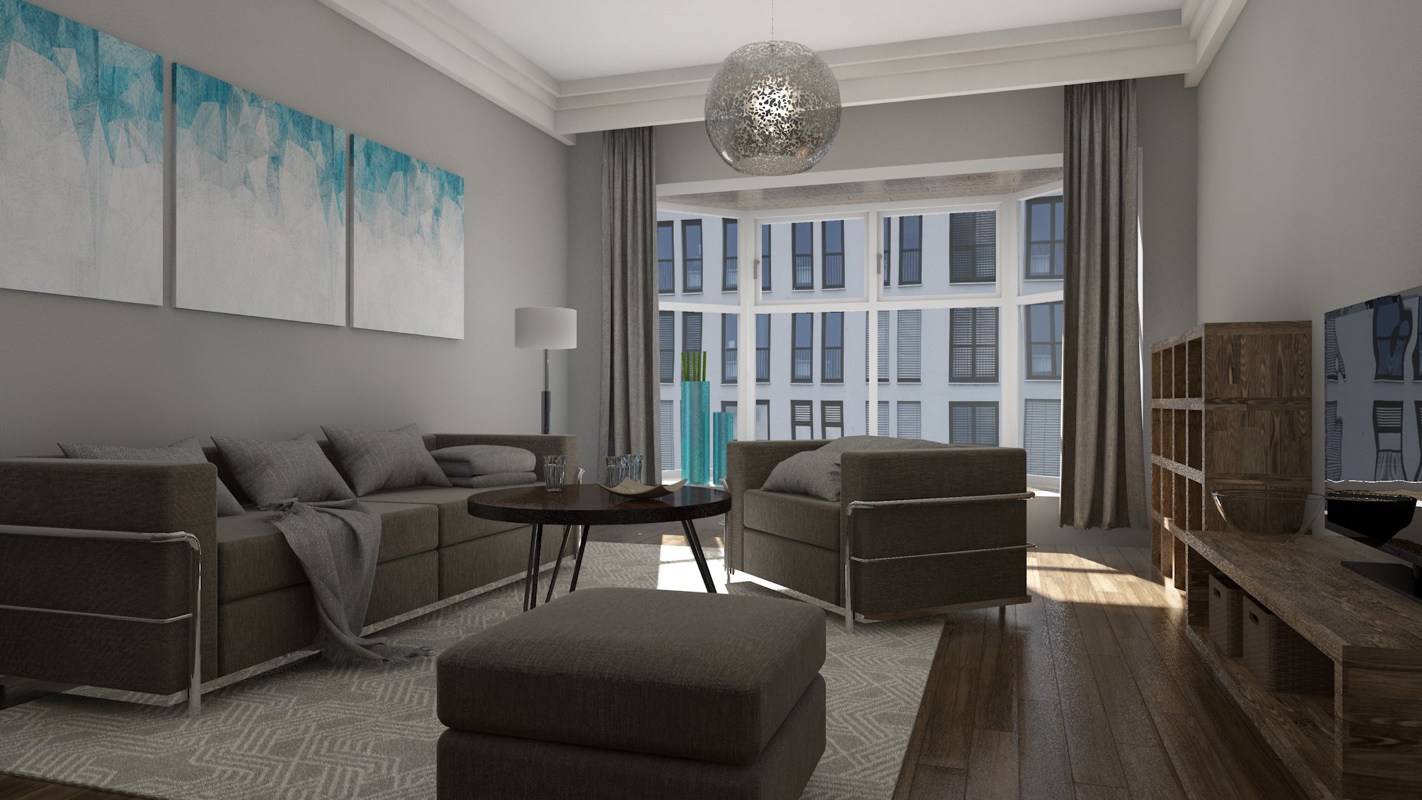 A living room filled with furniture and a large windowDescription automatically generated