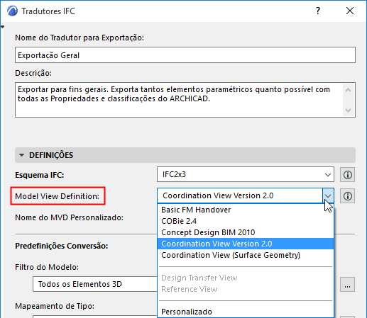 Definições da Vista do Modelo