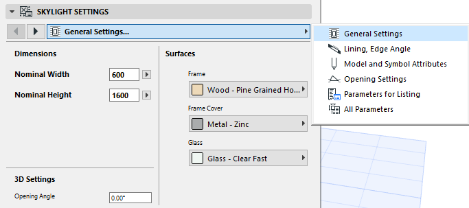 Skylight Tool Settings