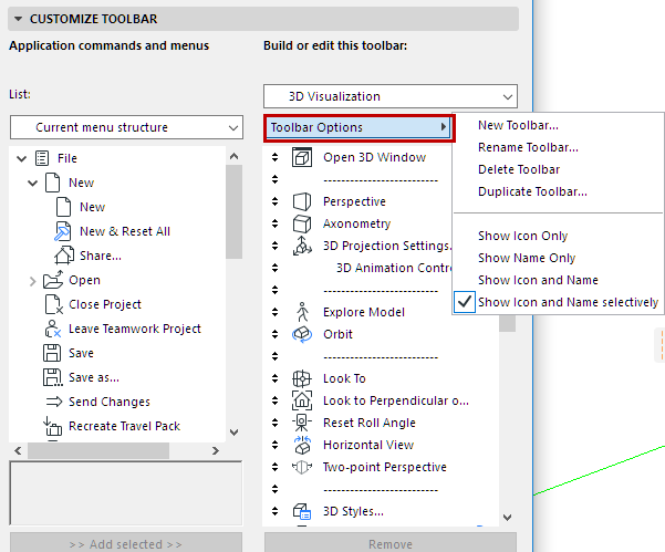Toolbar Customization Dialog Box