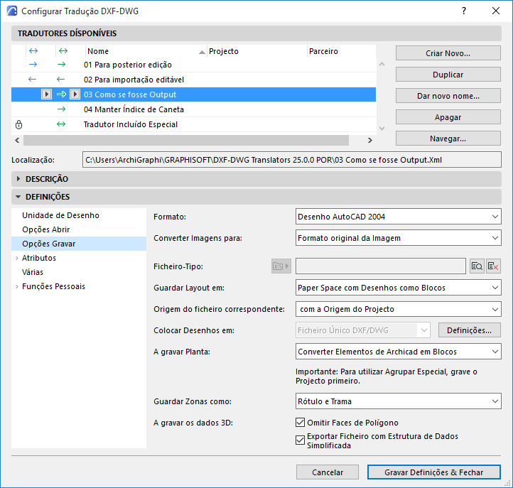 Save Options (DXF/DWG Translation Setup)