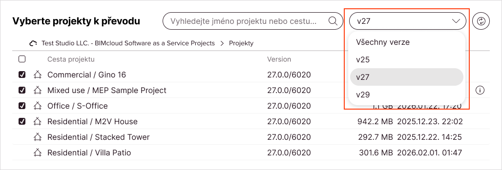 Seznam projektů je filtrován tak, aby zobrazoval pouze konkrétní hlavní verzi.