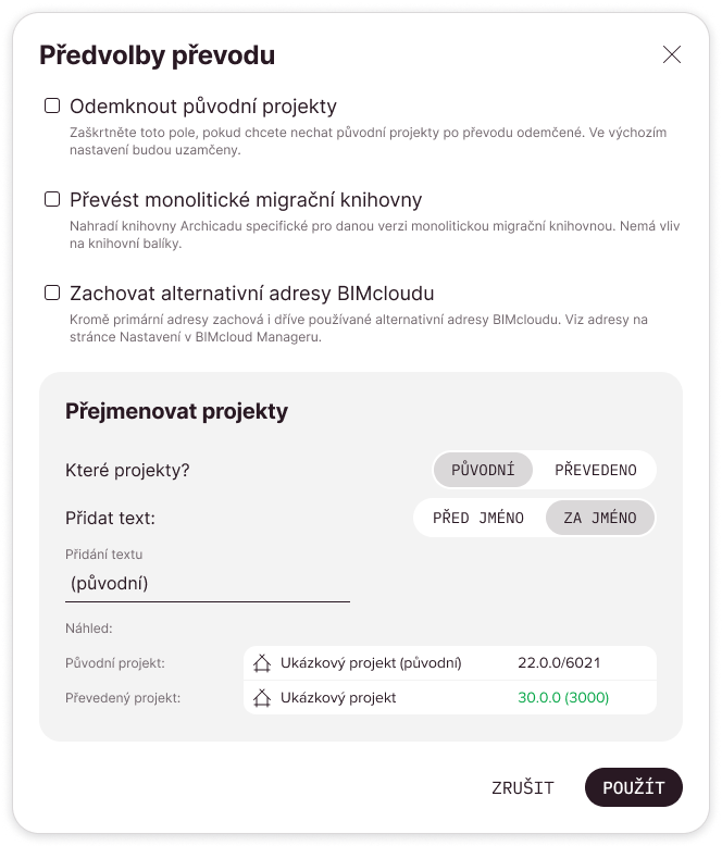 Okno předvoleb pro převod s výchozím nastavením. Původní Teamwork projekt bude po převodu přejmenován.