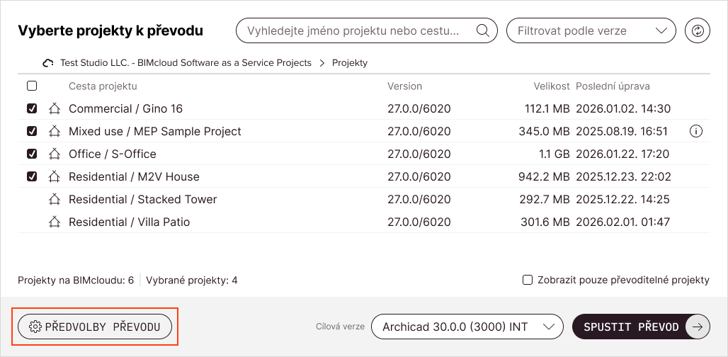 Tlačítko Předvolby převodu pod seznamem Teamwork projektů