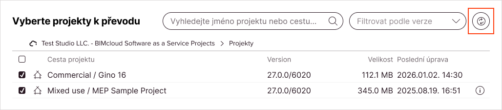 Tlačítko s ikonou obnovení vedle rozbalovací nabídky filtru verzí obnoví seznam Teamwork projektů a znovu vyhledá verze Archicadu.