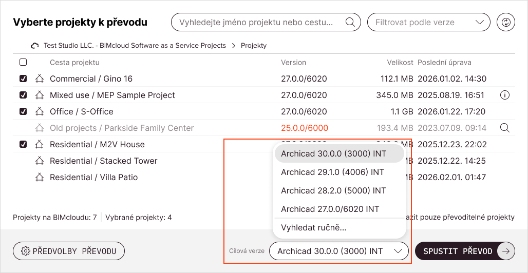 Otevřený výběr cílové verze Archicadu