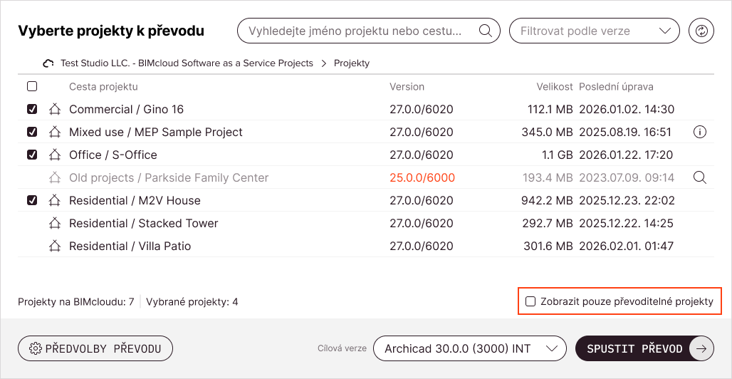 Zaškrtávací volba Zobrazit pouze projekty, které lze převést pod seznamem skryje projekty, které z jakéhokoli důvodu není možné vybrat k převodu.