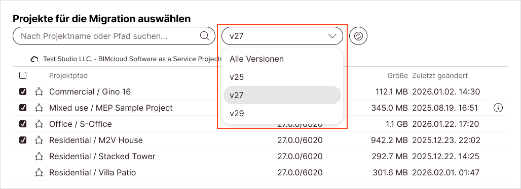 Die Projektliste ist gefiltert, um nur Projekte einer bestimmten Hauptversion anzuzeigen.
