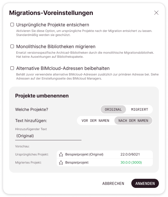 Dialogfenster Migrations-Voreinstellungen mit den Standard-Einstellungen. Das ursprüngliche Teamwork-Projekt wird nach der Migration umbenannt.