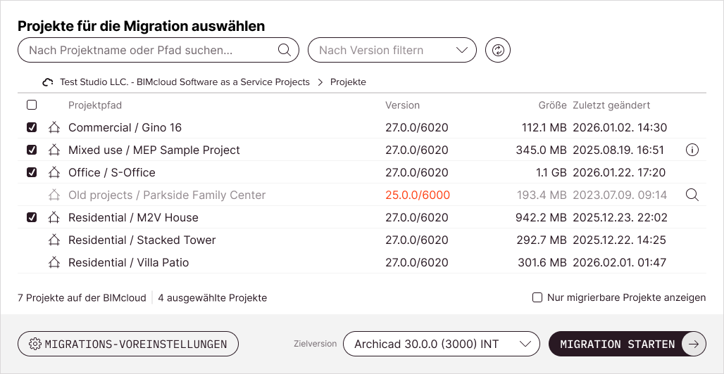 Der Hauptbildschirm des Werkzeugs mit einigen bereits für die Migration ausgewählten Teamwork-Projekten