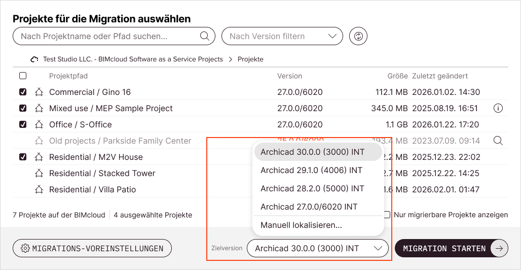 Auswahl der Archicad-Zielversion geöffnet