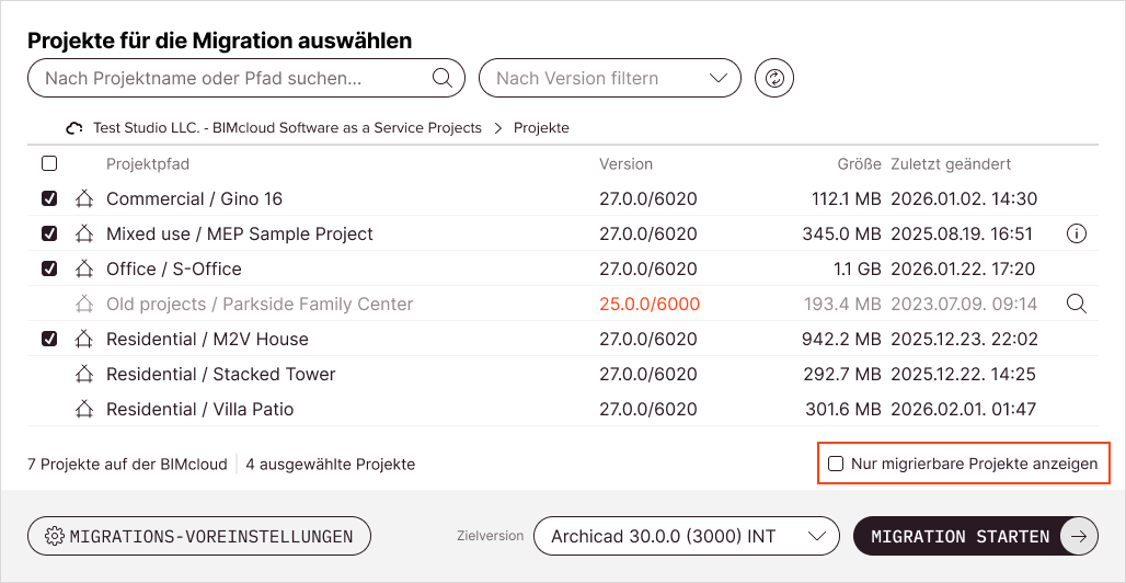 Die Checkbox “Nur migrierbare Projekte anzeigen" unter der Liste blendet Projekte aus, die aus irgendeinem Grund nicht für die Migration auswählbar sind.