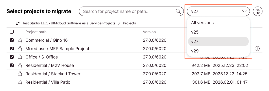 Project list is filtered to show only a specific major version.