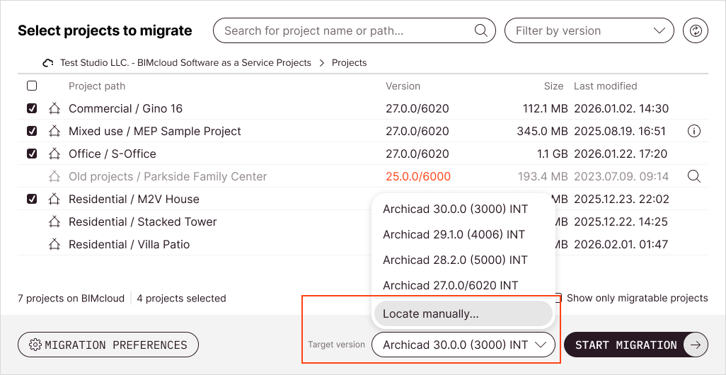 In the Target version dropdown, select the Locate manually option.