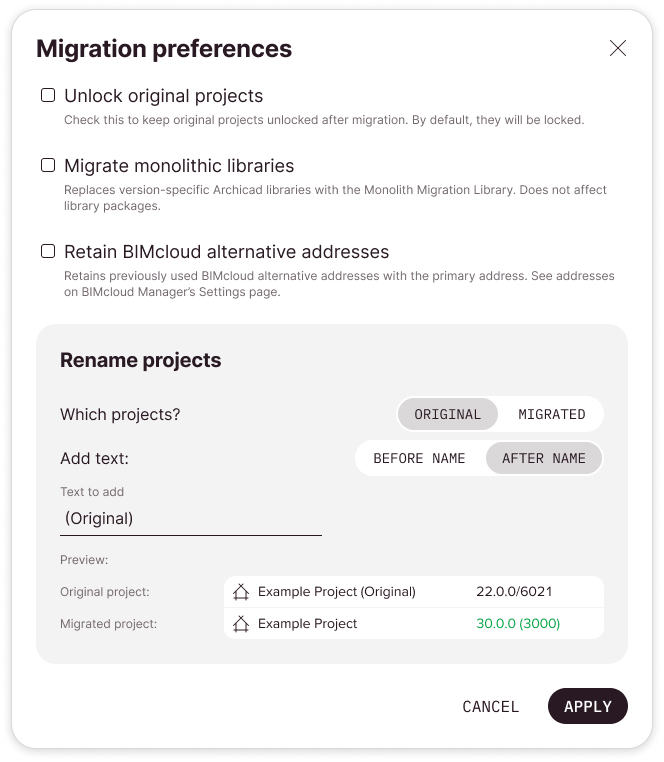 Migration preferences dialog with the default settings. Original Teamwork project will be renamed after the migration.