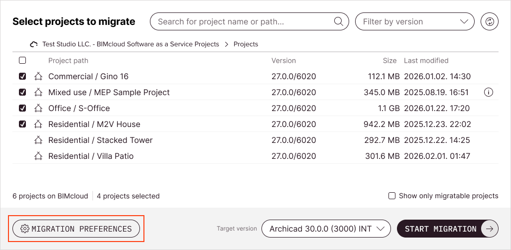 The tool's main screen with some Teamwork projects already selected for migration