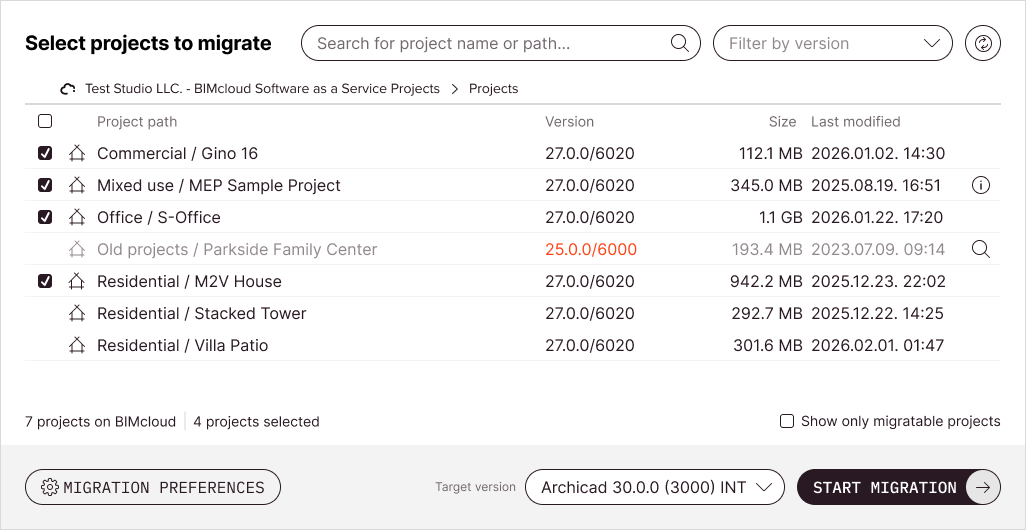 The tool's main screen with some Teamwork projects already selected for migration
