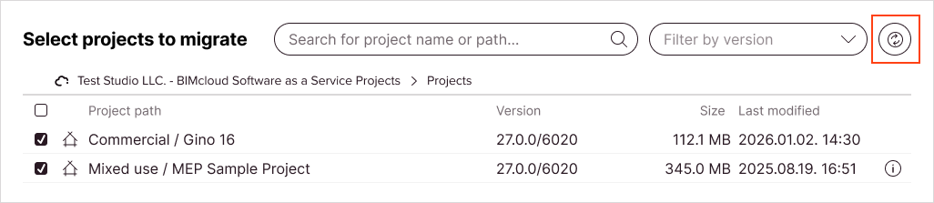Refresh icon button next to the version filter dropdown refreshed the Teamwork project list and detects Archicad versions again.