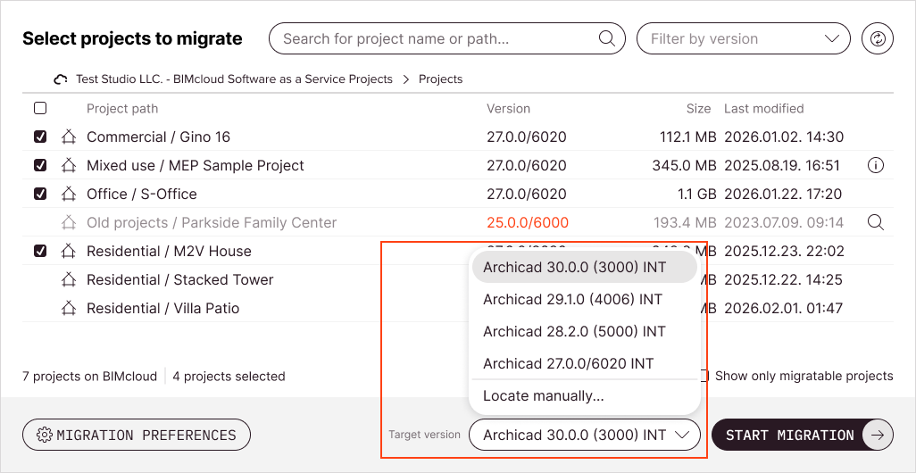 Target Archicad version selector opened