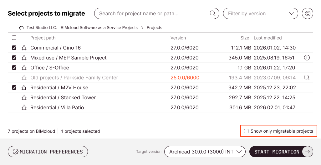 Show only migratable projects checkbox under the list will hide projects that are not selectable for migration for any reason.
