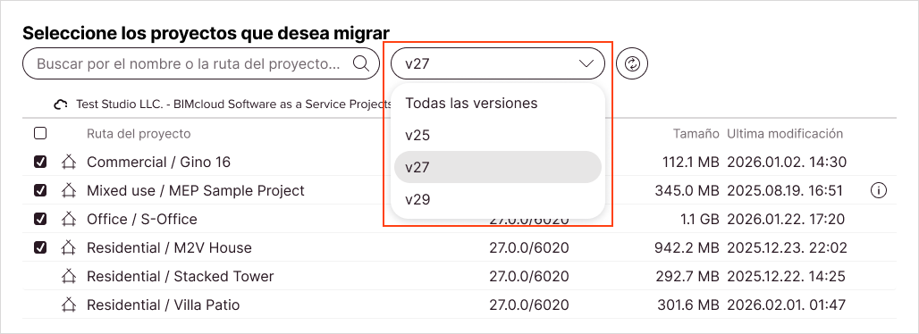 La lista de proyectos se filtra para mostrar solo una versión principal específica.