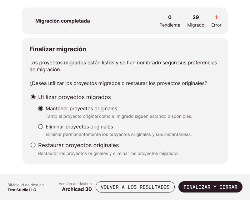 Opciones de finalización tras completar la migración
