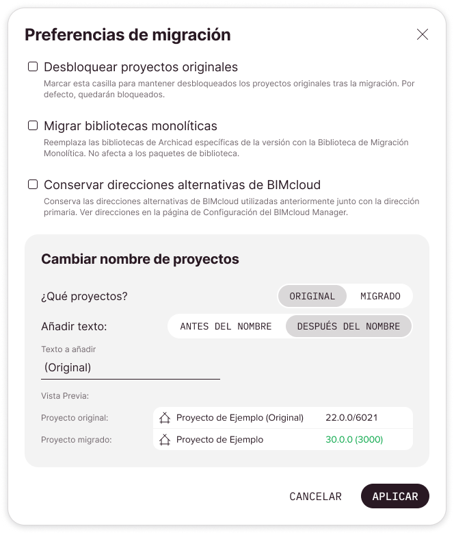 Cuadro de diálogo de Preferencias de migración con las definiciones por defecto. El proyecto Teamwork original se renombrará después de la migración.
