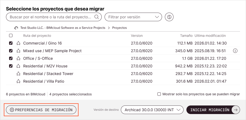 La pantalla principal de la herramienta con algunos proyectos Teamwork ya seleccionados para la migración
