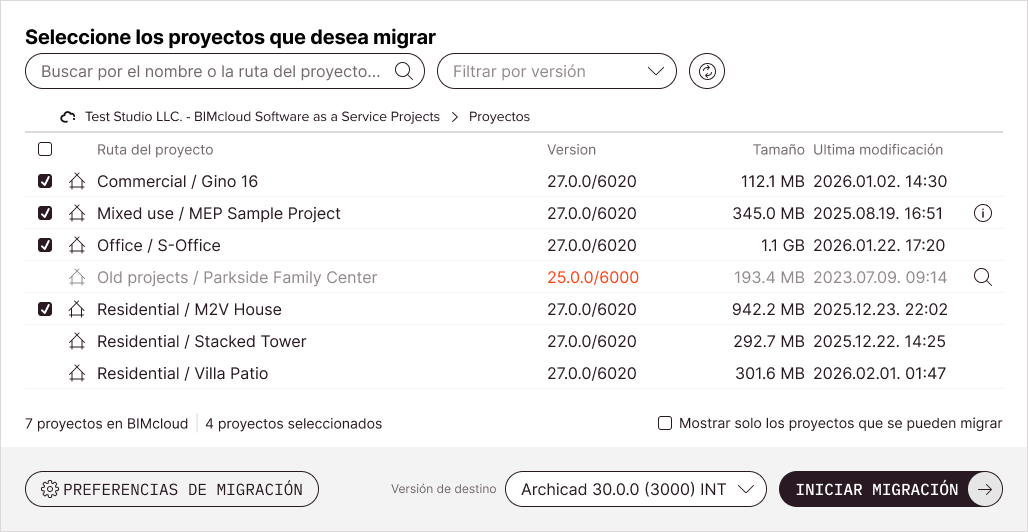 Pantalla principal de la herramienta con algunos proyectos Teamwork ya seleccionados para migración