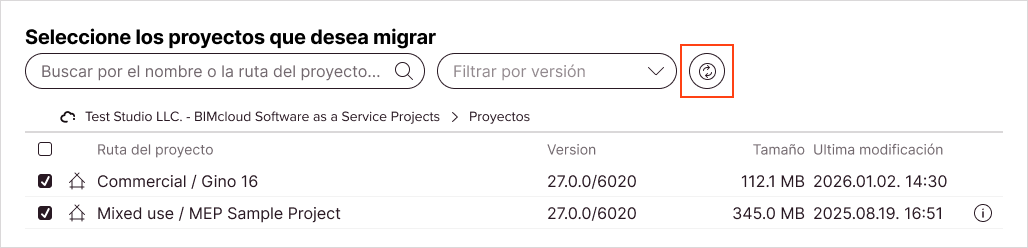 El botón de icono Actualizar junto al menú desplegable del filtro de versión actualiza la lista de proyectos Teamwork y detecta las versiones de Archicad nuevamente.