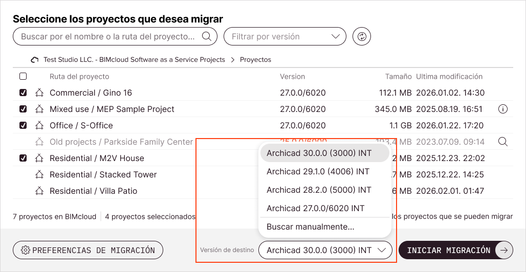 Selector de versión de Archicad de destino abierto