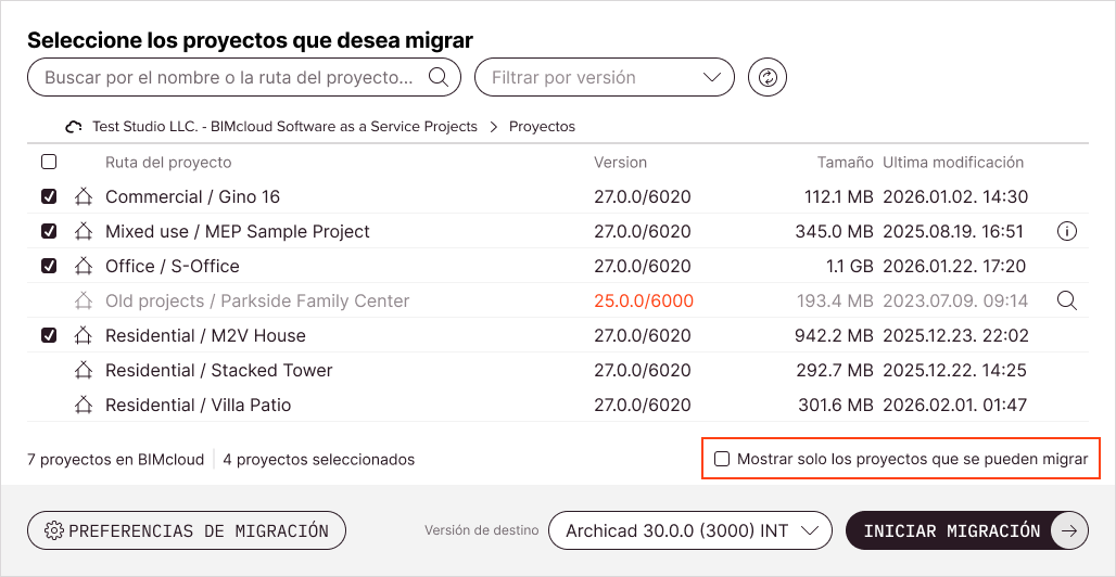 La casilla Mostrar solo proyectos migrables situada debajo de la lista ocultará los proyectos que no se pueden seleccionar para migración por cualquier motivo.