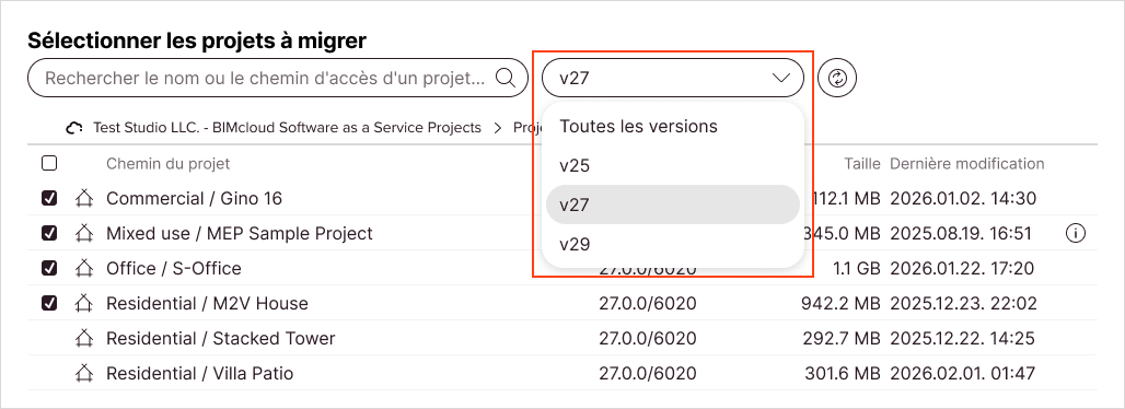 La liste des projets est filtrée pour afficher uniquement une version spécifique.