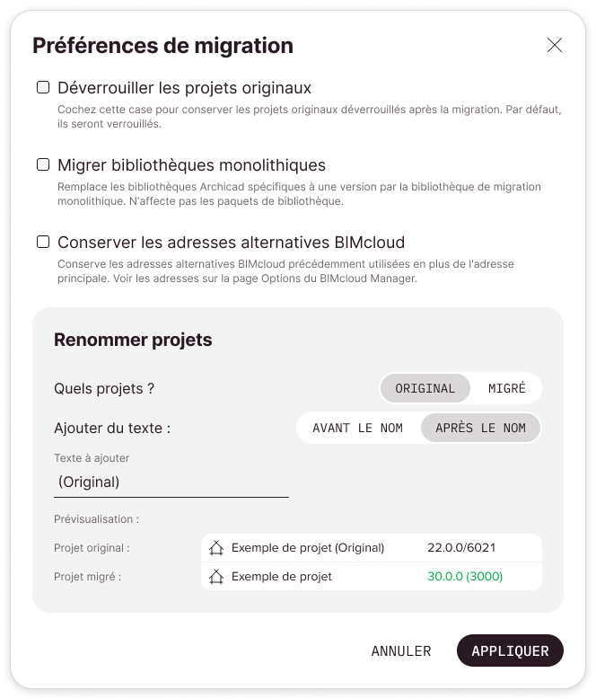 Boîte de dialogue Préférences de migration avec les paramètres par défaut. Le projet partagé original sera renommé après la migration.