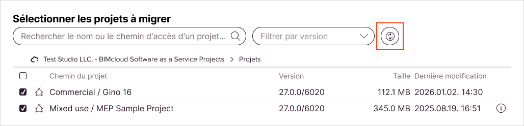 Le bouton Actualiser situé à côté du menu déroulant de filtrage par version actualise la liste des projets partagés et détecte à nouveau les versions d'Archicad.