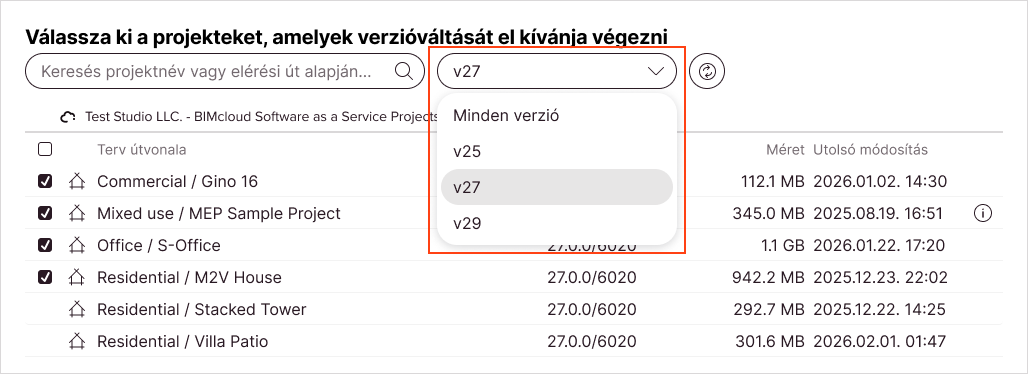 A tervlista úgy szűrve, hogy csak egy adott főverzió jelenjen meg.