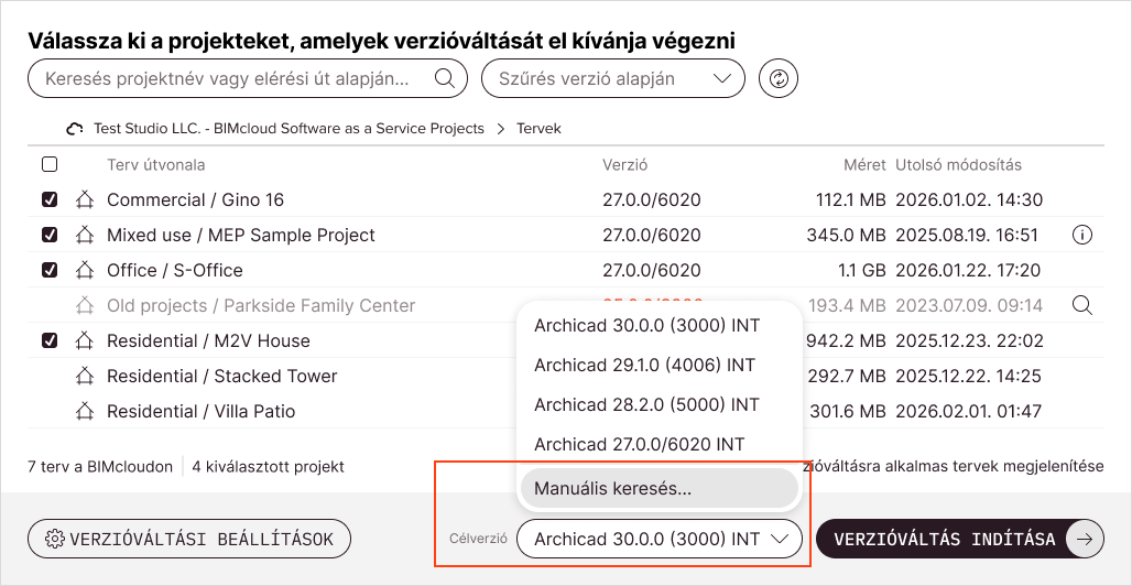 A Célverzió legördülő listában válassza a Manuális keresés lehetőséget.
