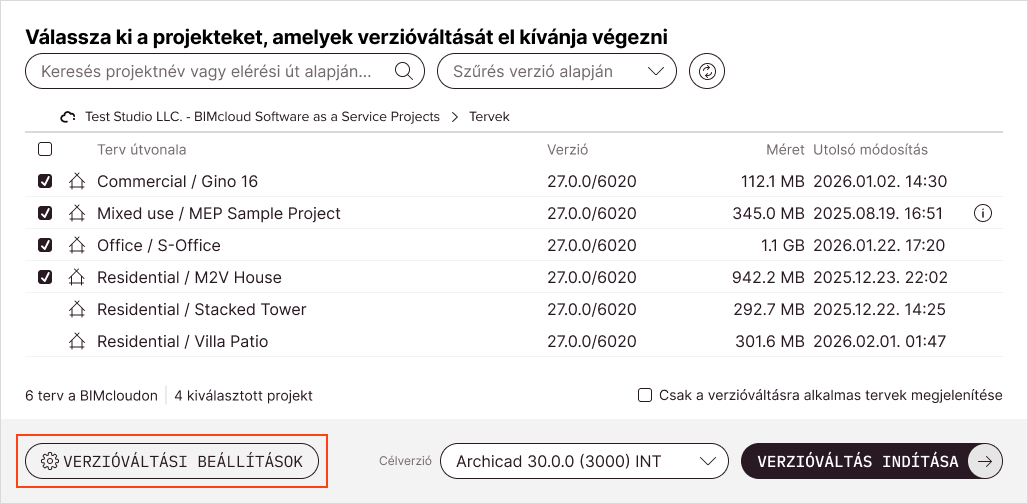 Az eszköz fő képernyője néhány Csapatmunka tervvel, amely már ki van választva verzióváltásra