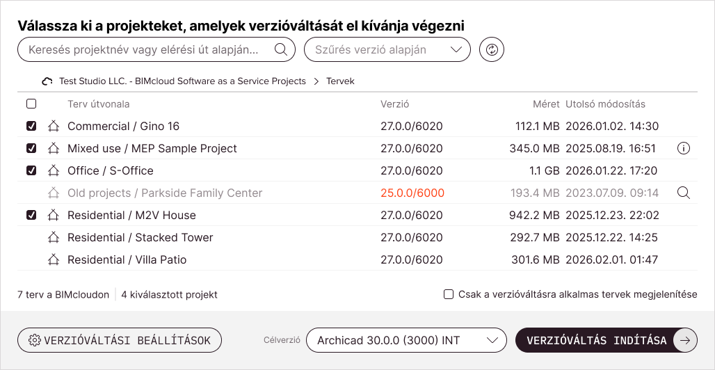 Az eszköz fő képernyője néhány Csapatmunka tervvel, amely már ki van választva verzióváltásra