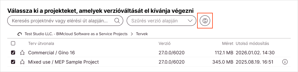 A változatszűrő legördülő listája melletti Frissítés ikon gomb frissíti a Csapatmunka tervek listáját, és újból észleli az Archicad változatokat.