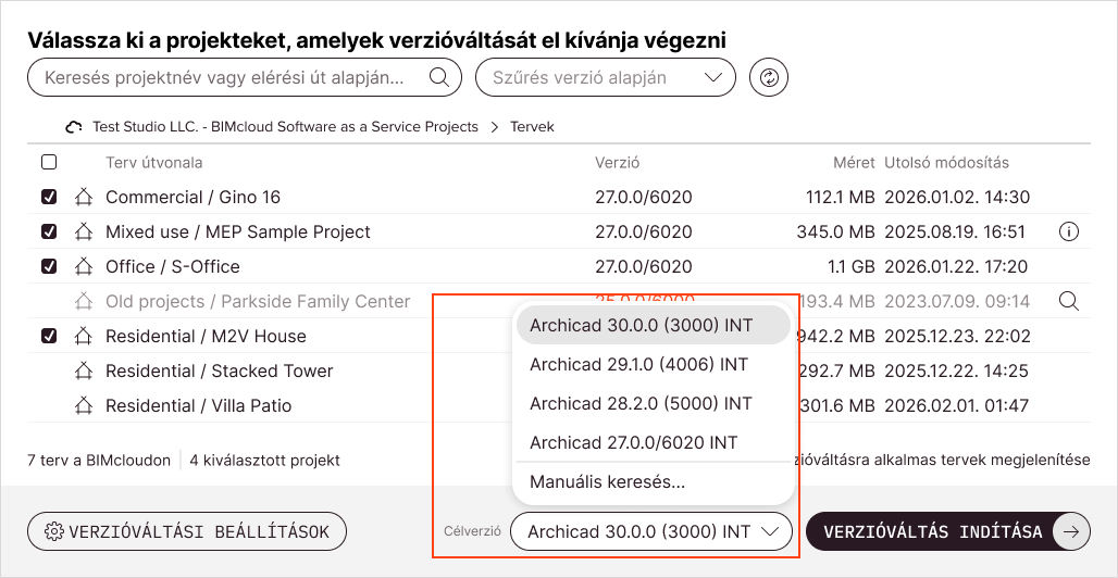 A célzott Archicad változat választója megnyitva