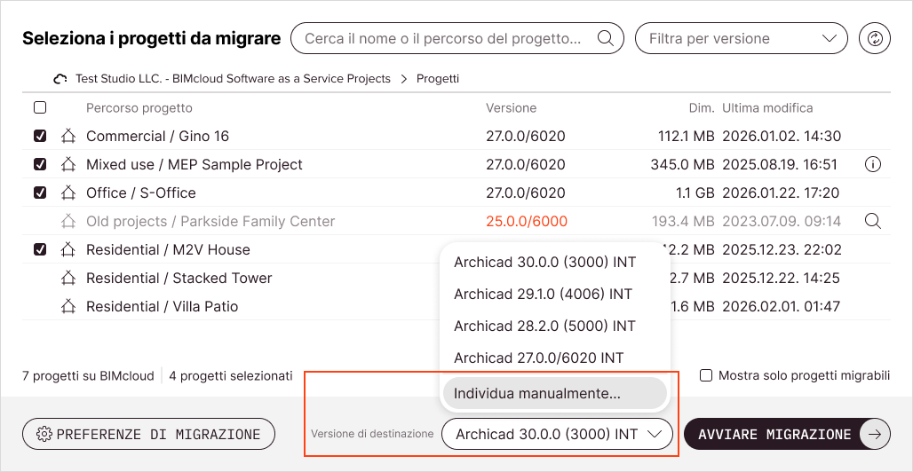 Nel menu a discesa Versione di destinazione, selezionare l'opzione Individua manualmente.