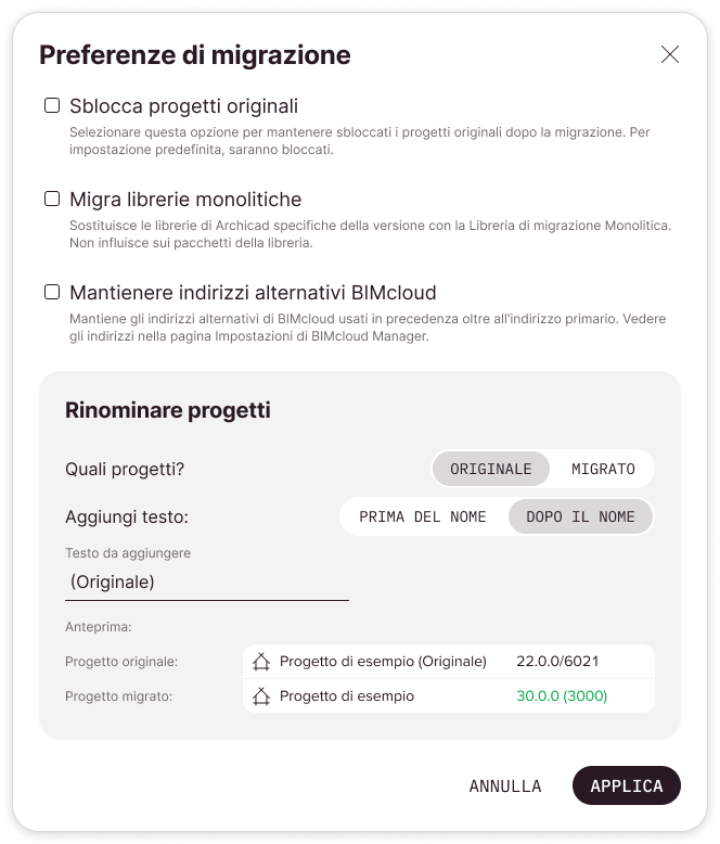 Finestra di dialogo Preferenze di migrazione con i settaggi di default. Il nome del progetto Teamwork originale sarà modificato dopo la migrazione.
