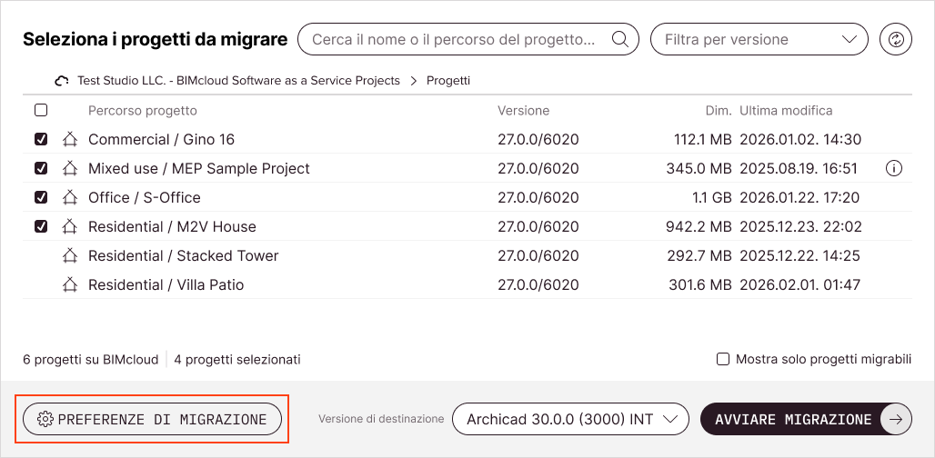 Pulsante Preferenze di migrazione sotto l'elenco dei progetti Teamwork