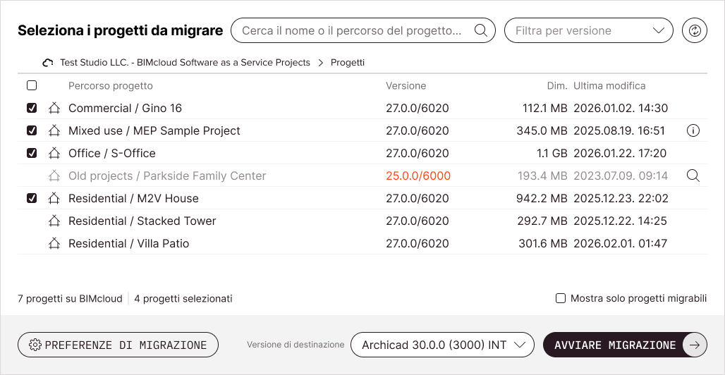 La schermata principale dello strumento con alcuni progetti Teamwork già selezionati per la migrazione